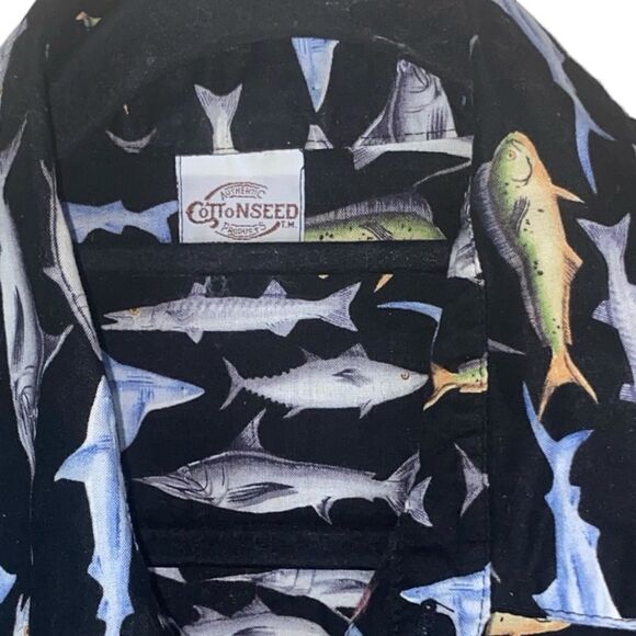 Cottonseed Mens Sz XL Black Allover Fish Shark Sailfish Button Down Casual Shirt - Picture 4 of 4